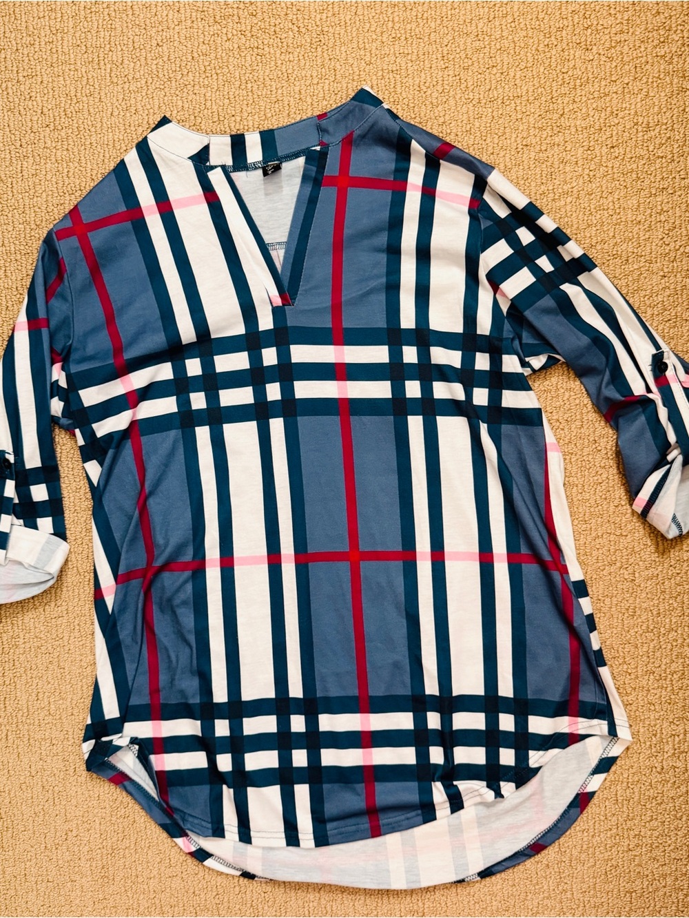 Plaid V-Neck Roll-Sleeve Top - Navy